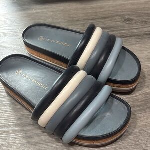 Tory Burch Black, Cream, and Blue Slide Sandals